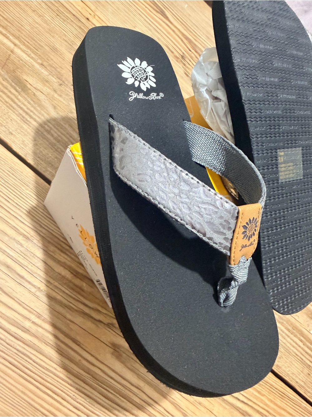 Yellow Box Pewter flip-flops- NWT